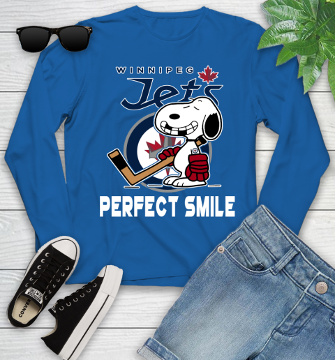 NHL Winnipeg Jets Snoopy Perfect Smile The Peanuts Movie Hockey T Shirt Youth Long Sleeve 10
