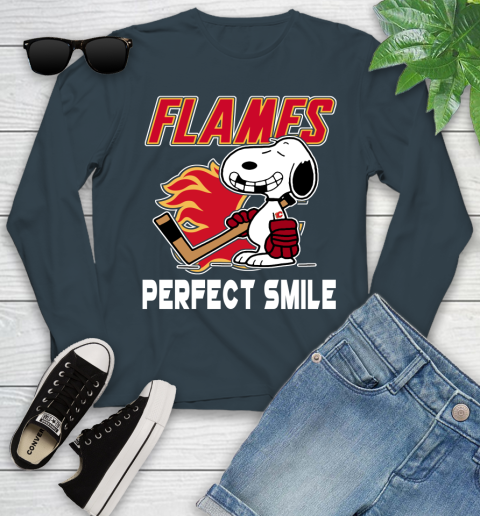 NHL Calgary Flames Snoopy Perfect Smile The Peanuts Movie Hockey T Shirt Youth Long Sleeve 9