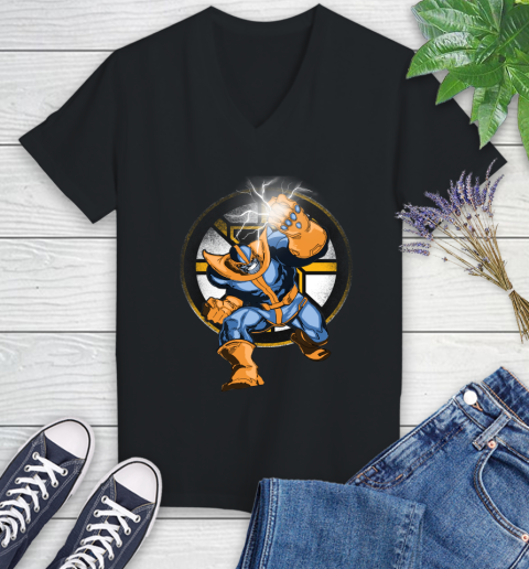 Boston Bruins NHL Hockey Thanos Avengers Infinity War Marvel Women's V-Neck T-Shirt