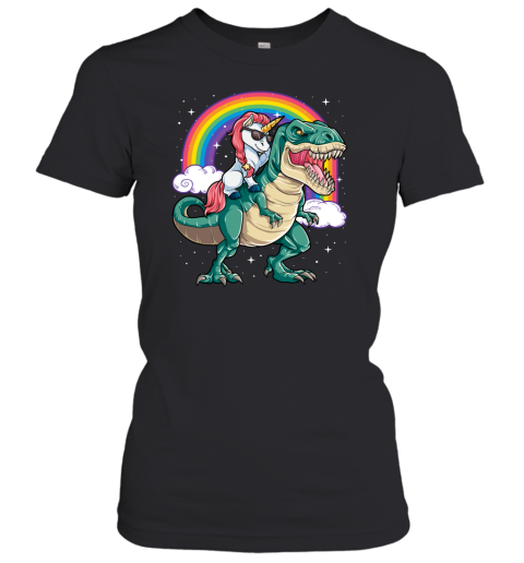 Unicorn Riding Dinosaur T rex Funny Men Women Rainbow Gifts Womens T-Shirt