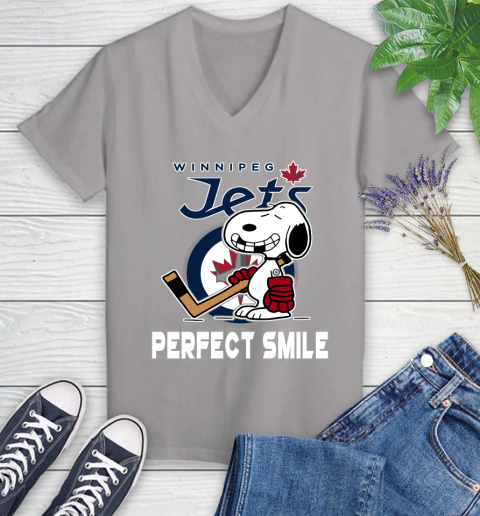 NHL Winnipeg Jets Snoopy Perfect Smile The Peanuts Movie Hockey T Shirt Women's V-Neck T-Shirt 4
