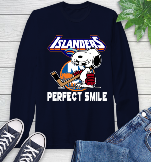 NHL New York Islanders Snoopy Perfect Smile The Peanuts Movie Hockey T Shirt Long Sleeve T-Shirt 3