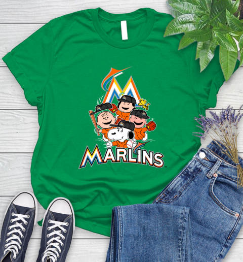 MLB Miami Marlins Snoopy Charlie Brown Woodstock The Peanuts Movie Baseball T Shirt Women's T-Shirt 9