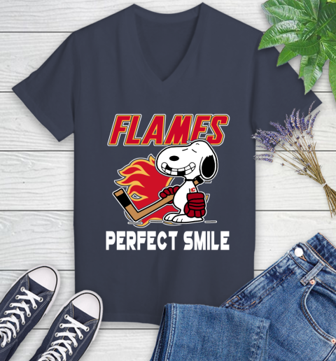 NHL Calgary Flames Snoopy Perfect Smile The Peanuts Movie Hockey T Shirt Women's V-Neck T-Shirt 12