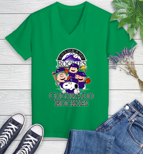 MLB Colorado Rockies Snoopy Charlie Brown Woodstock The Peanuts Movie Baseball T Shirt_000 Women's V-Neck T-Shirt 5