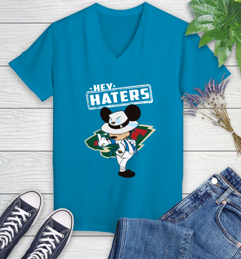NHL Hey Haters Mickey Hockey Sports Minnesota Wild Women's V-Neck T-Shirt 7