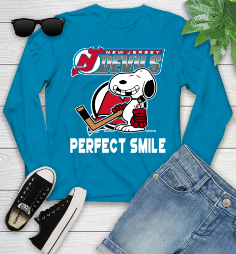 NHL New Jersey Devils Snoopy Perfect Smile The Peanuts Movie Hockey T Shirt Youth Long Sleeve 8