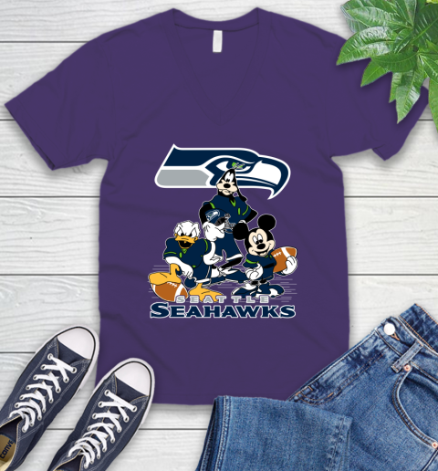NFL Seattle Seahawks Mickey Mouse Donald Duck Goofy Football Shirt V-Neck T-Shirt 9