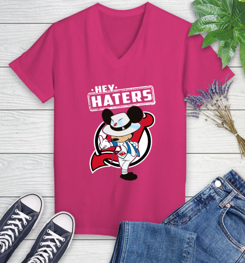 NHL Hey Haters Mickey Hockey Sports New Jersey Devils Women's V-Neck T-Shirt 9