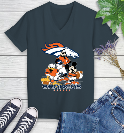 NFL Denver Broncos Mickey Mouse Donald Duck Goofy Football Shirt Women's V-Neck T-Shirt 8