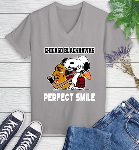 NHL Chicago Blackhawks Snoopy Perfect Smile The Peanuts Movie Hockey T Shirt Women's V-Neck T-Shirt 4