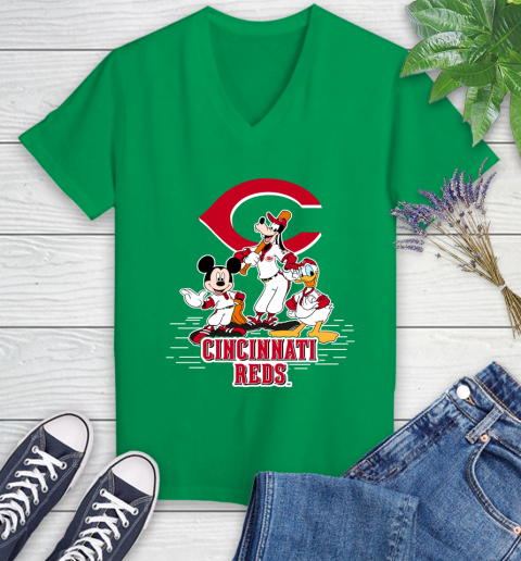 MLB Cincinnati Reds Mickey Mouse Donald Duck Goofy Baseball T Shirt Women's V-Neck T-Shirt 5