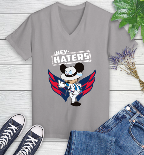NHL Hey Haters Mickey Hockey Sports Washington Capitals Women's V-Neck T-Shirt 4