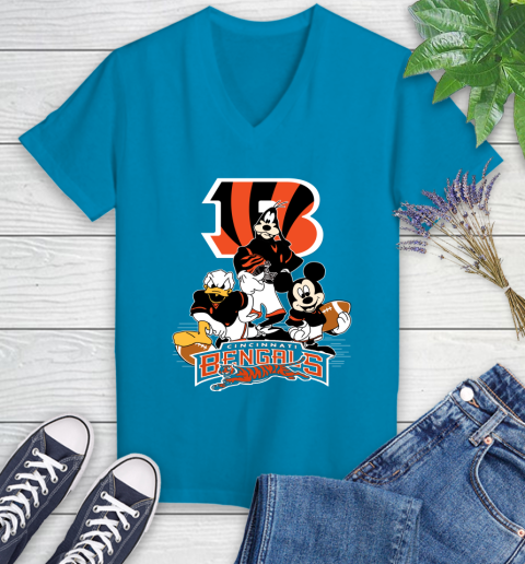 NFL Cincinnati Bengals Mickey Mouse Donald Duck Goofy Football Shirt Women's V-Neck T-Shirt 7
