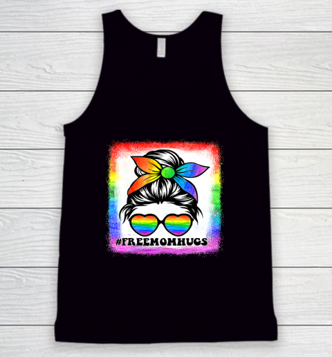 Free Mom Hugs Bleached Rainbow Messy Bun LGBT Pride Tank Top