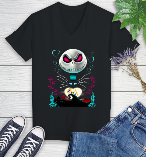 MLB Miami Marlins Jack Skellington Sally The Nightmare Before Christmas Baseball Women's V-Neck T-Shirt