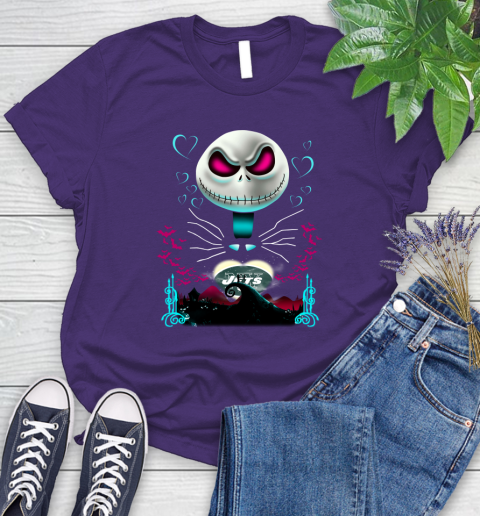 NFL New York Jets Jack Skellington Sally The Nightmare Before Christmas Football Women's T-Shirt 4
