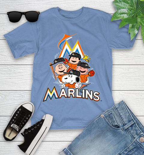 MLB Miami Marlins Snoopy Charlie Brown Woodstock The Peanuts Movie Baseball T Shirt Youth T-Shirt 15