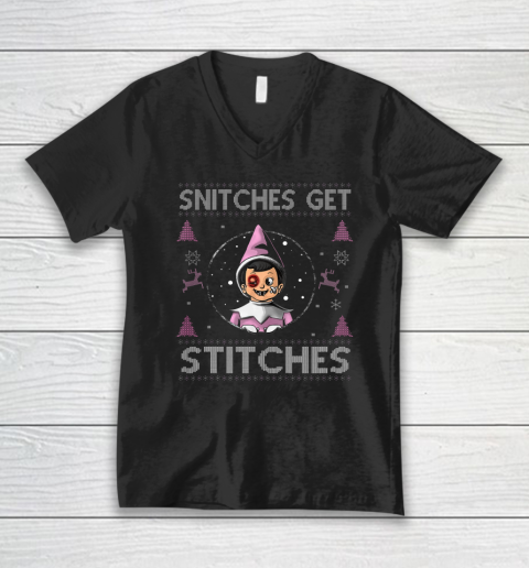 Snitches Get Stitches Shirt Funny Christmas Xmas Pajamas Ugly V-Neck T-Shirt