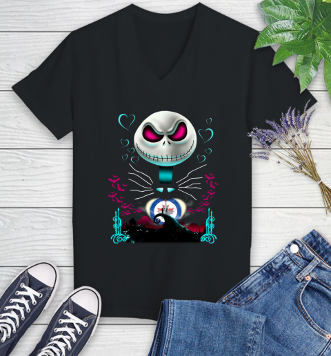 NHL Winnipeg Jets Jack Skellington Sally The Nightmare Before Christmas Hockey Women's V-Neck T-Shirt