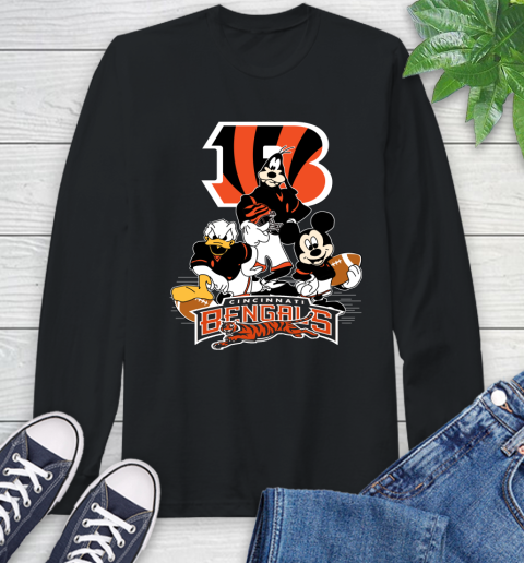 NFL Cincinnati Bengals Mickey Mouse Donald Duck Goofy Football Shirt Long Sleeve T-Shirt