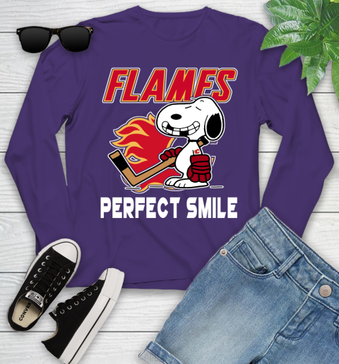 NHL Calgary Flames Snoopy Perfect Smile The Peanuts Movie Hockey T Shirt Youth Long Sleeve 4
