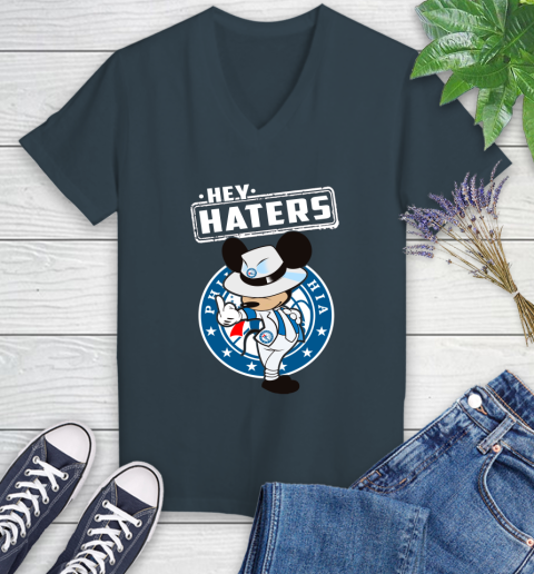 NBA Hey Haters Mickey Basketball Sports Philadelphia 76ers Women's V-Neck T-Shirt 8