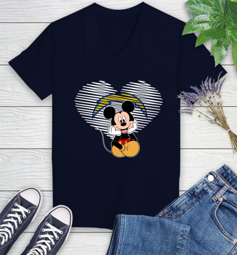 NFL Los Angeles Chargers The Heart Mickey Mouse Disney Football T Shirt_000 Women's V-Neck T-Shirt 2
