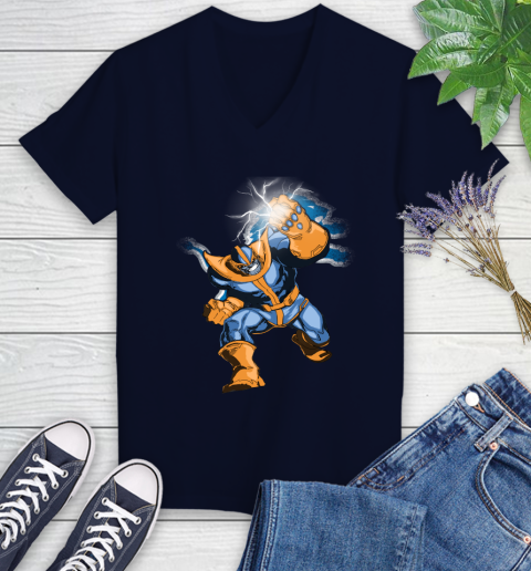 Detroit Lions NFL Football Thanos Avengers Infinity War Marvel Women's V-Neck T-Shirt 2