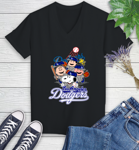 MLB Los Angeles Dodgers Snoopy Charlie Brown Woodstock The Peanuts Movie Baseball T Shirt_000 Women's V-Neck T-Shirt