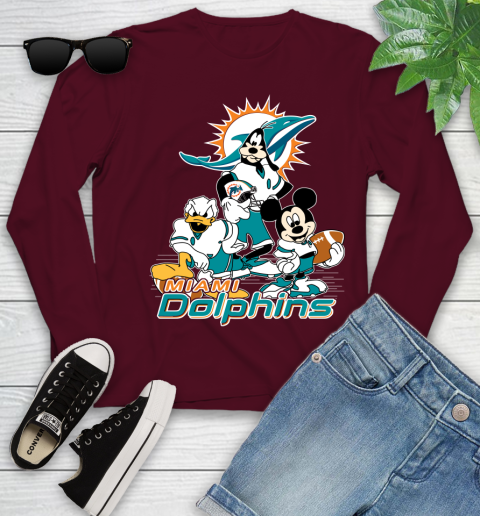 NFL Miami Dolphins Mickey Mouse Donald Duck Goofy Football Shirt Youth Long Sleeve 6