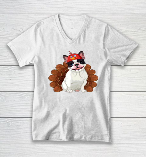 Funny Turkey Bulldog Thanksgiving Dog Turkey Costume V-Neck T-Shirt