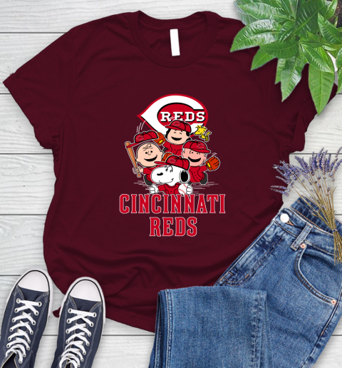 MLB Cincinnati Reds Snoopy Charlie Brown Woodstock The Peanuts Movie Baseball T Shirt_000 Women's T-Shirt 7