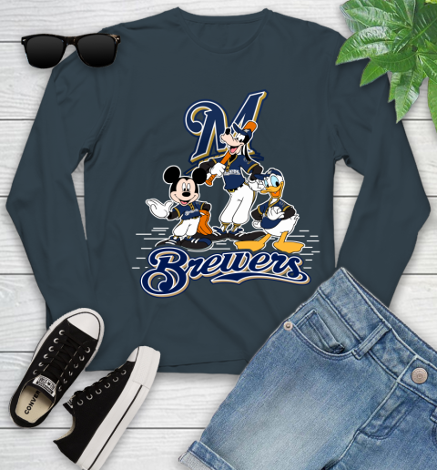 MLB Milwaukee Brewers Mickey Mouse Donald Duck Goofy Baseball T Shirt Youth Long Sleeve 9