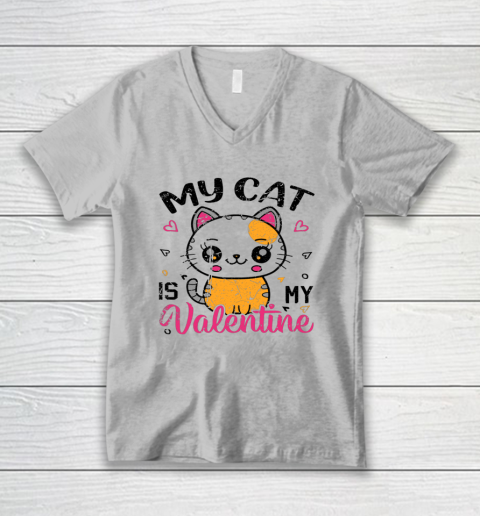 My Cat Is My Valentine Vintage Women Men Valentines Day V-Neck T-Shirt 2