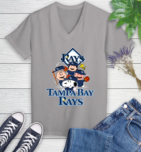 MLB Tampa Bay Rays Snoopy Charlie Brown Woodstock The Peanuts Movie Baseball T Shirt Women's V-Neck T-Shirt 4