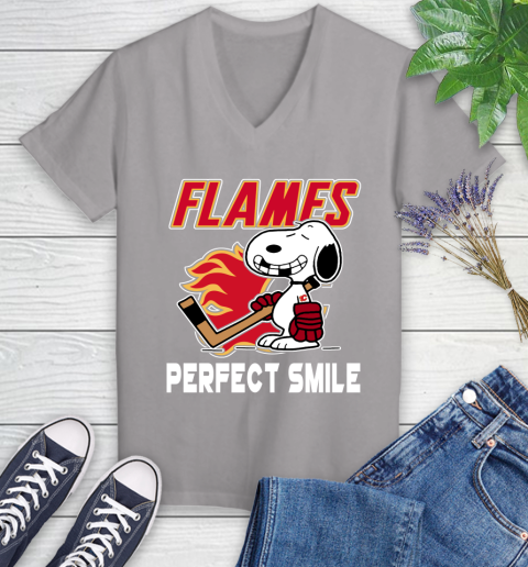 NHL Calgary Flames Snoopy Perfect Smile The Peanuts Movie Hockey T Shirt Women's V-Neck T-Shirt 4