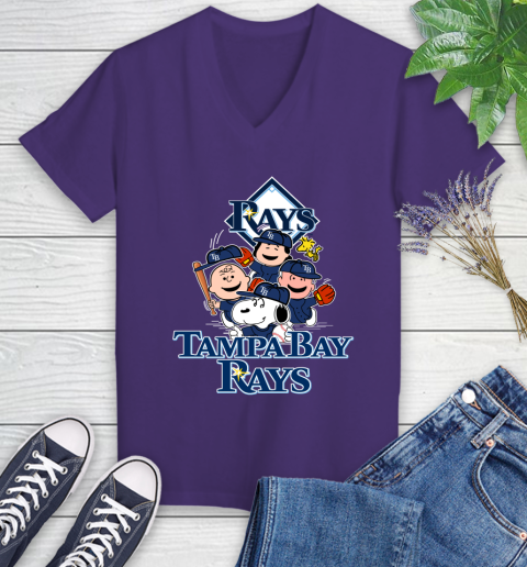 MLB Tampa Bay Rays Snoopy Charlie Brown Woodstock The Peanuts Movie Baseball T Shirt Women's V-Neck T-Shirt 3
