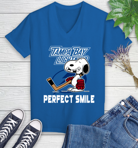 NHL Tampa Bay Lightning Snoopy Perfect Smile The Peanuts Movie Hockey T Shirt Women's V-Neck T-Shirt 10
