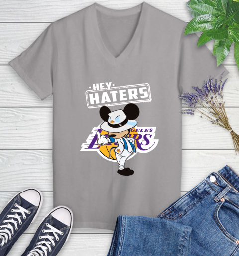 NBA Hey Haters Mickey Basketball Sports Los Angeles Lakers Women's V-Neck T-Shirt 4