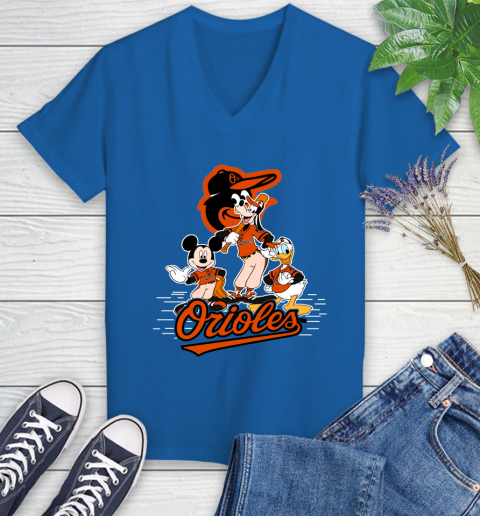 MLB Baltimore Orioles Mickey Mouse Donald Duck Goofy Baseball T Shirt Women's V-Neck T-Shirt 10