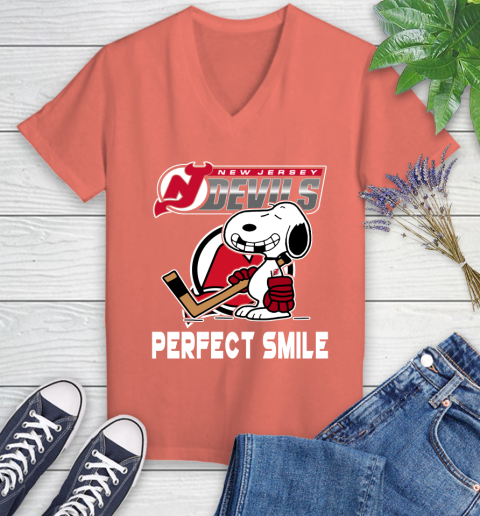 NHL New Jersey Devils Snoopy Perfect Smile The Peanuts Movie Hockey T Shirt Women's V-Neck T-Shirt 6