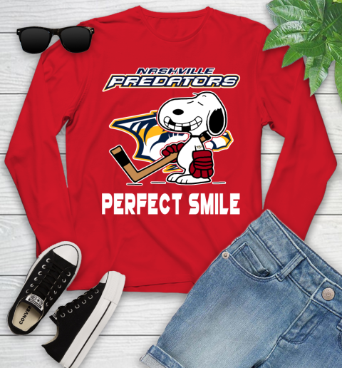 NHL Nashville Predators Snoopy Perfect Smile The Peanuts Movie Hockey T Shirt Youth Long Sleeve 11