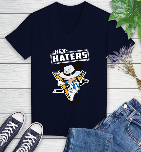 NHL Hey Haters Mickey Hockey Sports Pittsburgh Penguins Women's V-Neck T-Shirt 2