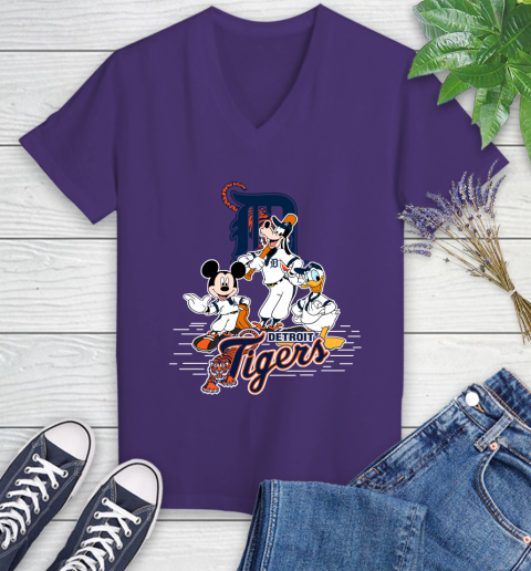 MLB Detroit Tigers Mickey Mouse Donald Duck Goofy Baseball T Shirt Women's V-Neck T-Shirt 3