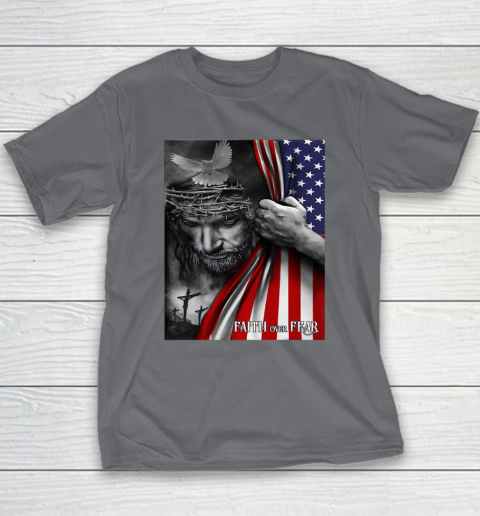 Faith Over Fear God Jesus Christian Flag 4th Of July Youth T-Shirt 5
