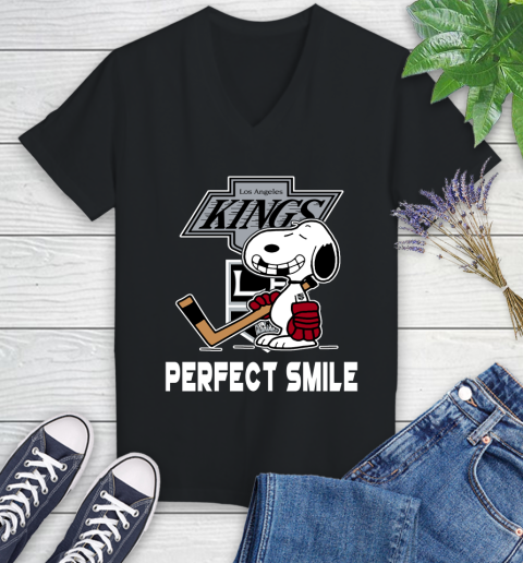 NHL Los Angeles Kings Snoopy Perfect Smile The Peanuts Movie Hockey T Shirt Women's V-Neck T-Shirt