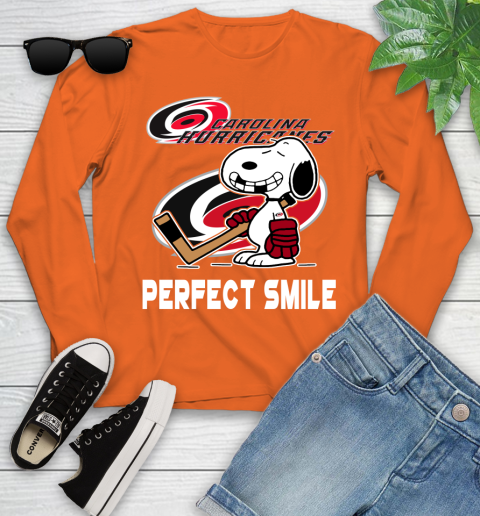 NHL Carolina Hurricanes Snoopy Perfect Smile The Peanuts Movie Hockey T Shirt Youth Long Sleeve 3