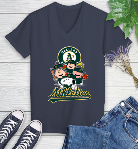 MLB Oakland Athletics Snoopy Charlie Brown Woodstock The Peanuts Movie Baseball T Shirt_000 Women's V-Neck T-Shirt 12