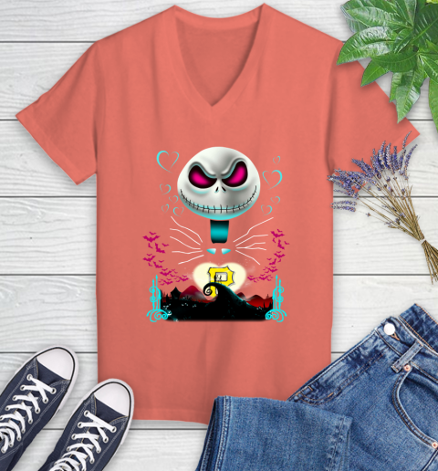 MLB Pittsburgh Pirates Jack Skellington Sally The Nightmare Before Christmas Baseball Women's V-Neck T-Shirt 6